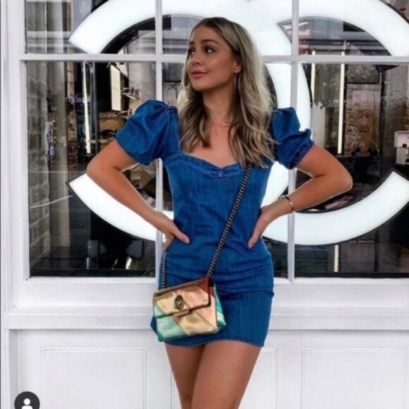 Zara  Denim Balloon Sleeve Heart Shaped Neckline Mini Dress - Picture 2 of 16